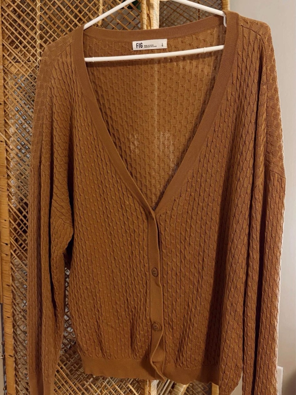 Women's Tan Cable-Texture V-Neck Button Cardigan